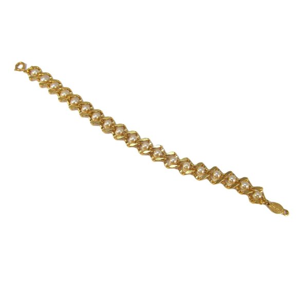 Vintage Napier Goldtone Faux Pearl Link Bracelet - Picture 6 of 9